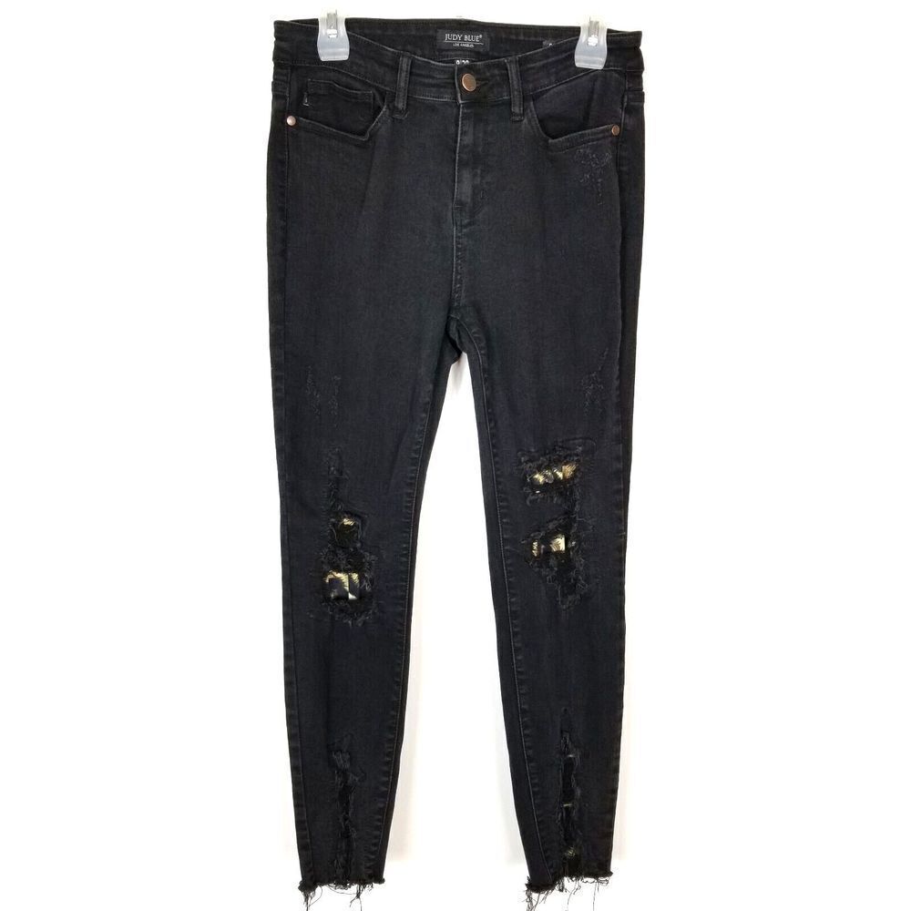 Judy Blue Women  Leopard‎ Patch Mid Rise Skinny Jeans Size 29 Black Raw Hem